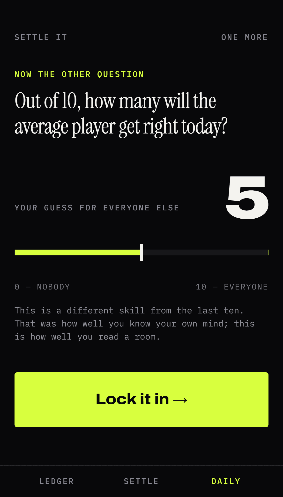 The crowd-guess step: a slider asking what percentage the average player will get right today.
